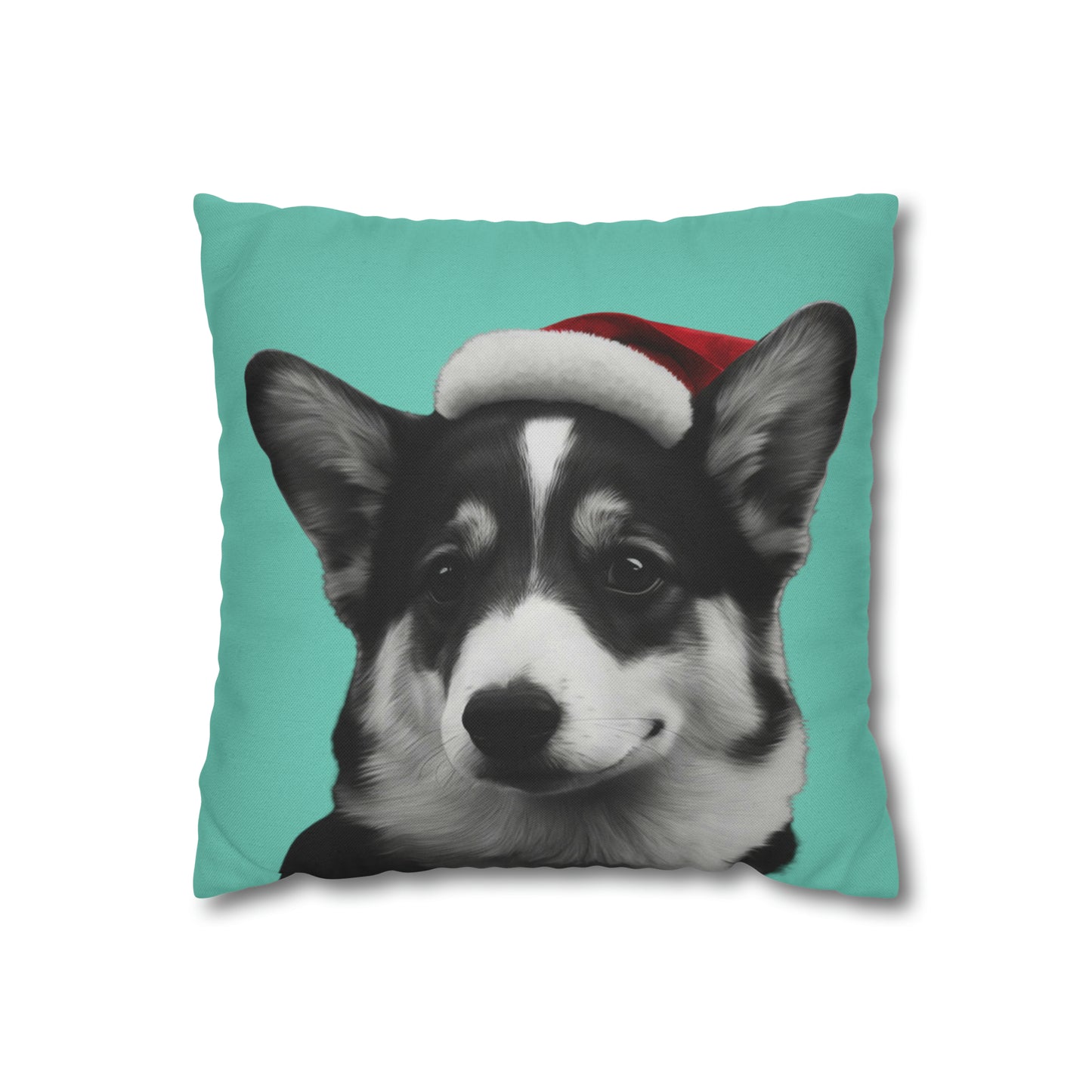 Black and White Corgi with Santa Hat on Green Cushion Cover