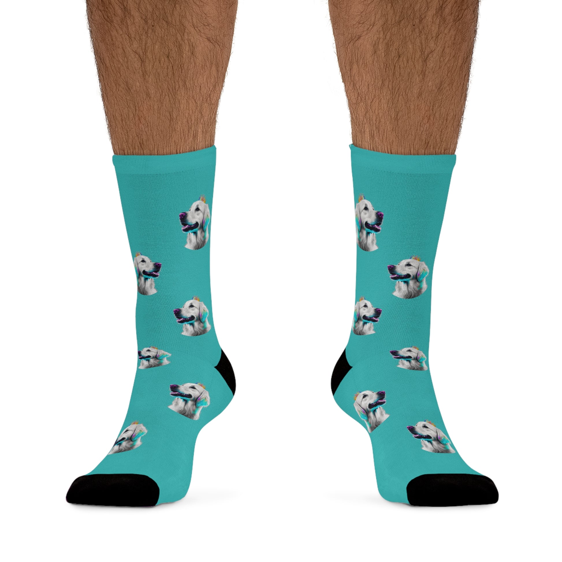 Stylish novelty socks featuring a regal Golden Retriever in PopArt style on a royal blue background, ideal for adding a touch of elegance and art to your attire.