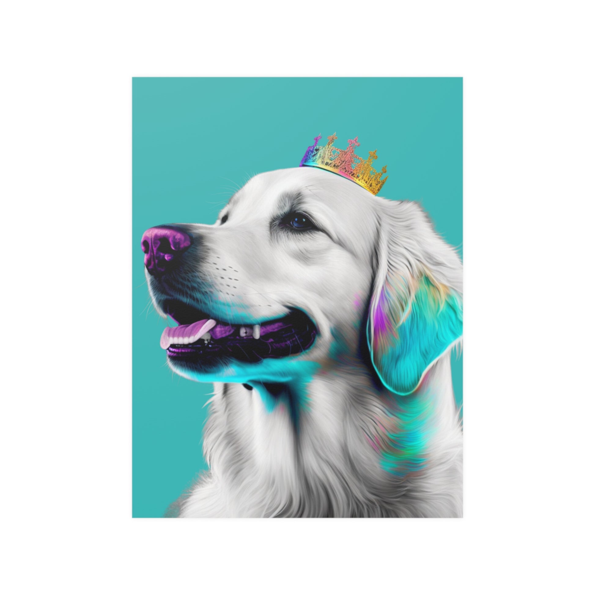 Pop art style poster featuring a Regal Golden Retriever portrayed in royal blue tones, symbolizing nobility, with a pop art aesthetic for a modern and majestic depiction."