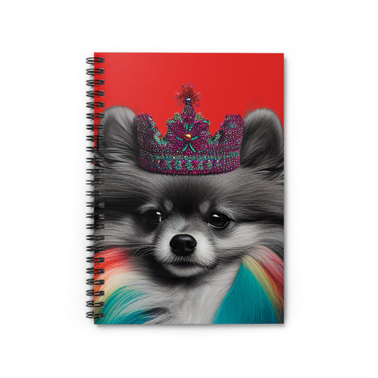 A sleek notebook cover featuring a black and white Pomeranian against a bold red background, combining elegance with a touch of whimsy."