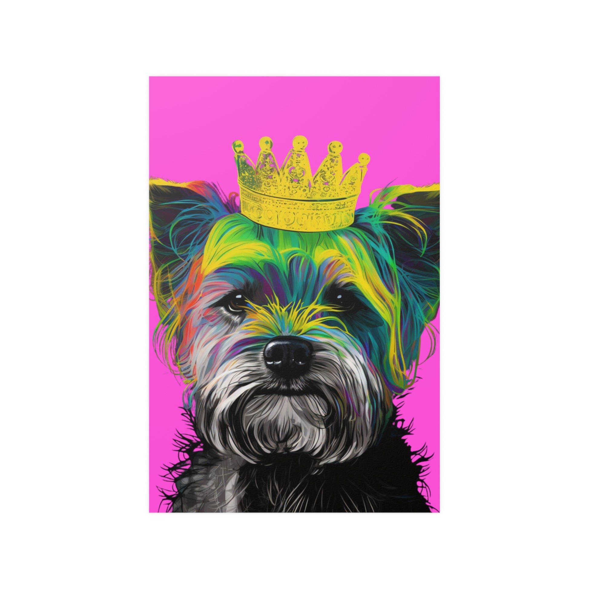 Eye-catching poster featuring a vibrant purple Pop Art depiction of a Yorkshire Terrier. The bold and playful design highlights the spirited personality of the Yorkie, making it a perfect artistic statement for any dog lover's home decor.