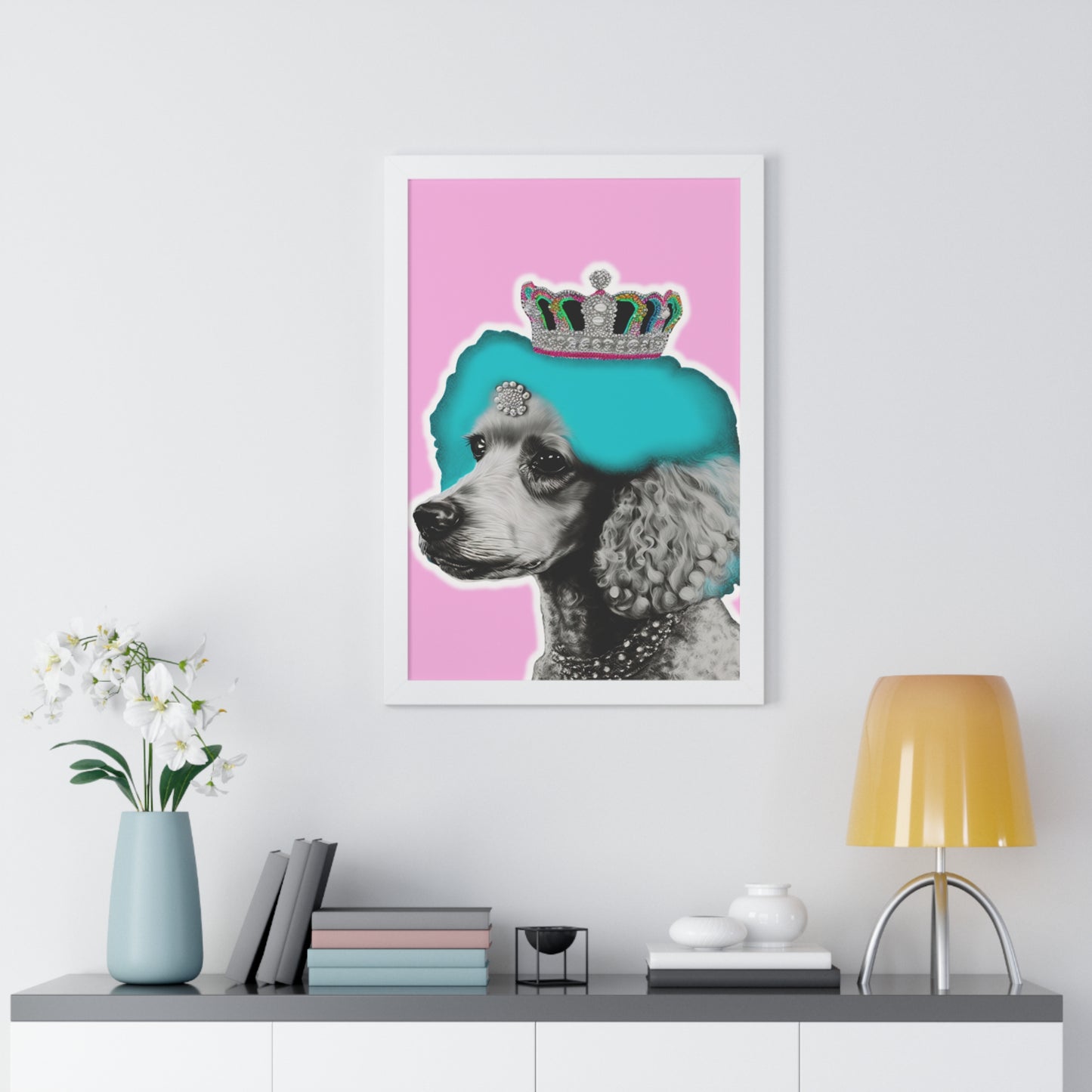 Framed Crowned Pop Art Poodle Print on Pink - Choose Walnut, White, or Black Frame