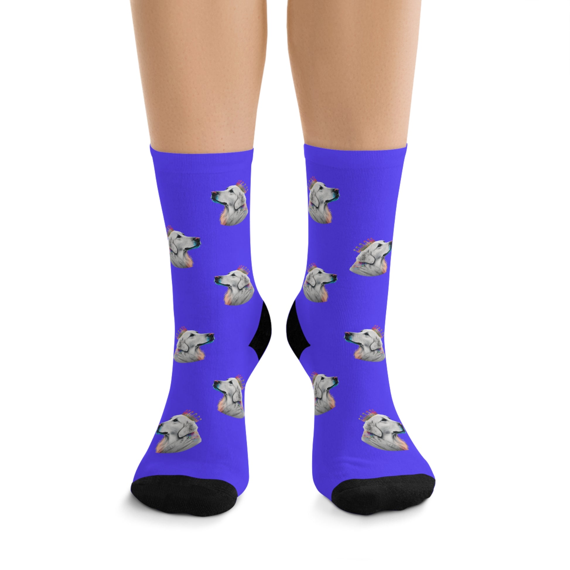 Novelty socks featuring a Regal Golden Retriever with a colorful crown set against a vibrant blue background, perfect for stylish dog enthusiasts.