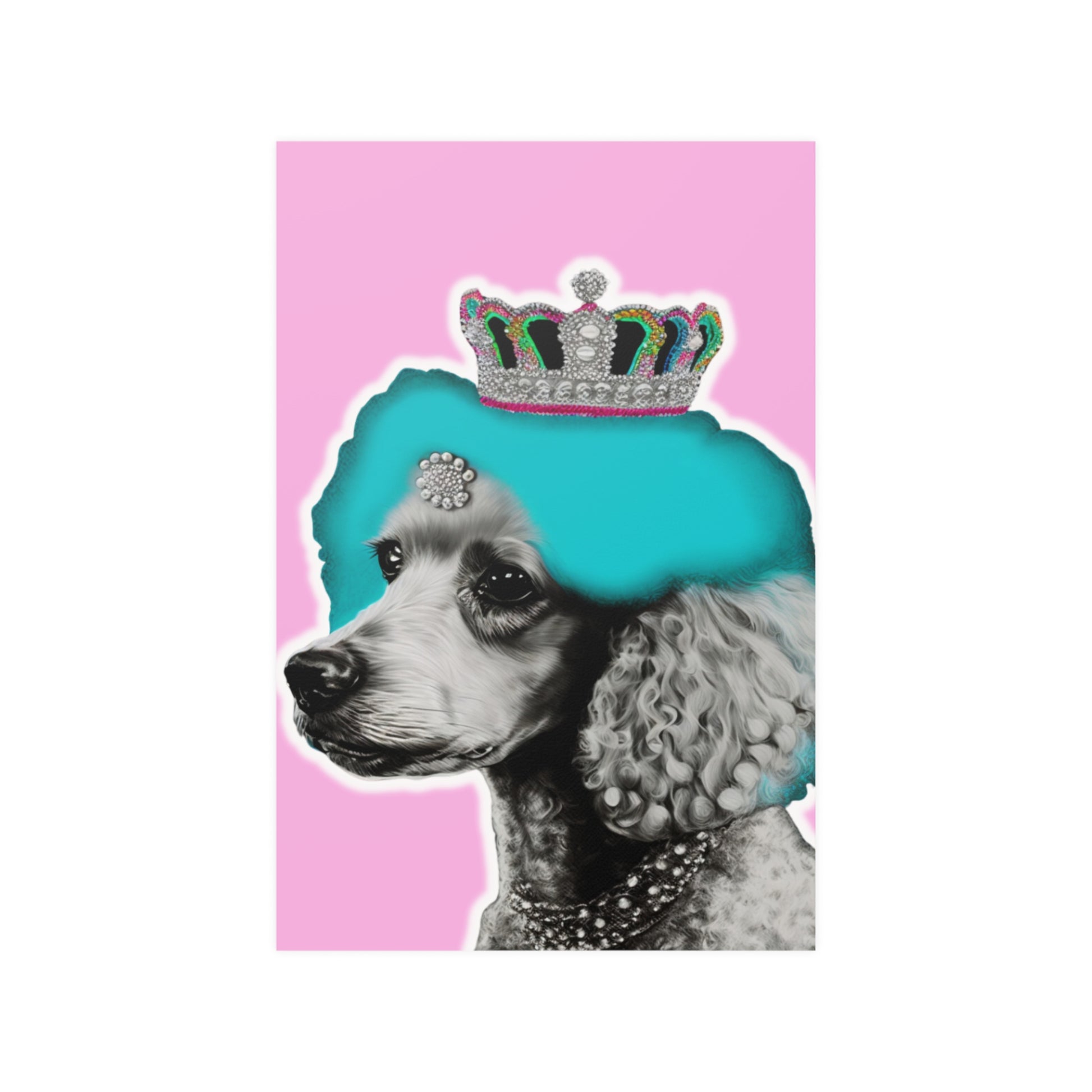 The 'Crowned Poodle on Pink Poster' features an elegant and whimsical illustration of a poodle with a crown, set against a soft pink background. This chic and stylish wall art adds sophistication and a playful touch to any room decor