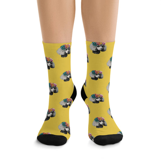 Colorful socks featuring a PopArt-style poodle on a bright yellow background, perfect for adding a playful and artistic touch to any outfit