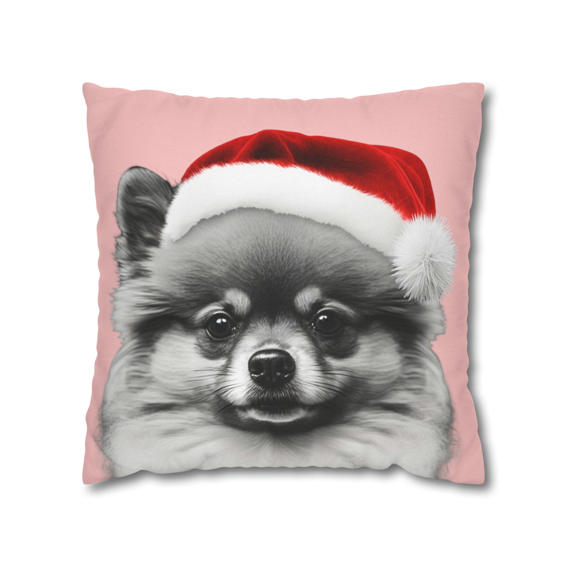 A cushion cover featuring a festive Pomeranian in holiday attire on a charming pink background, perfect for adding a cozy and cheerful touch to holiday decor