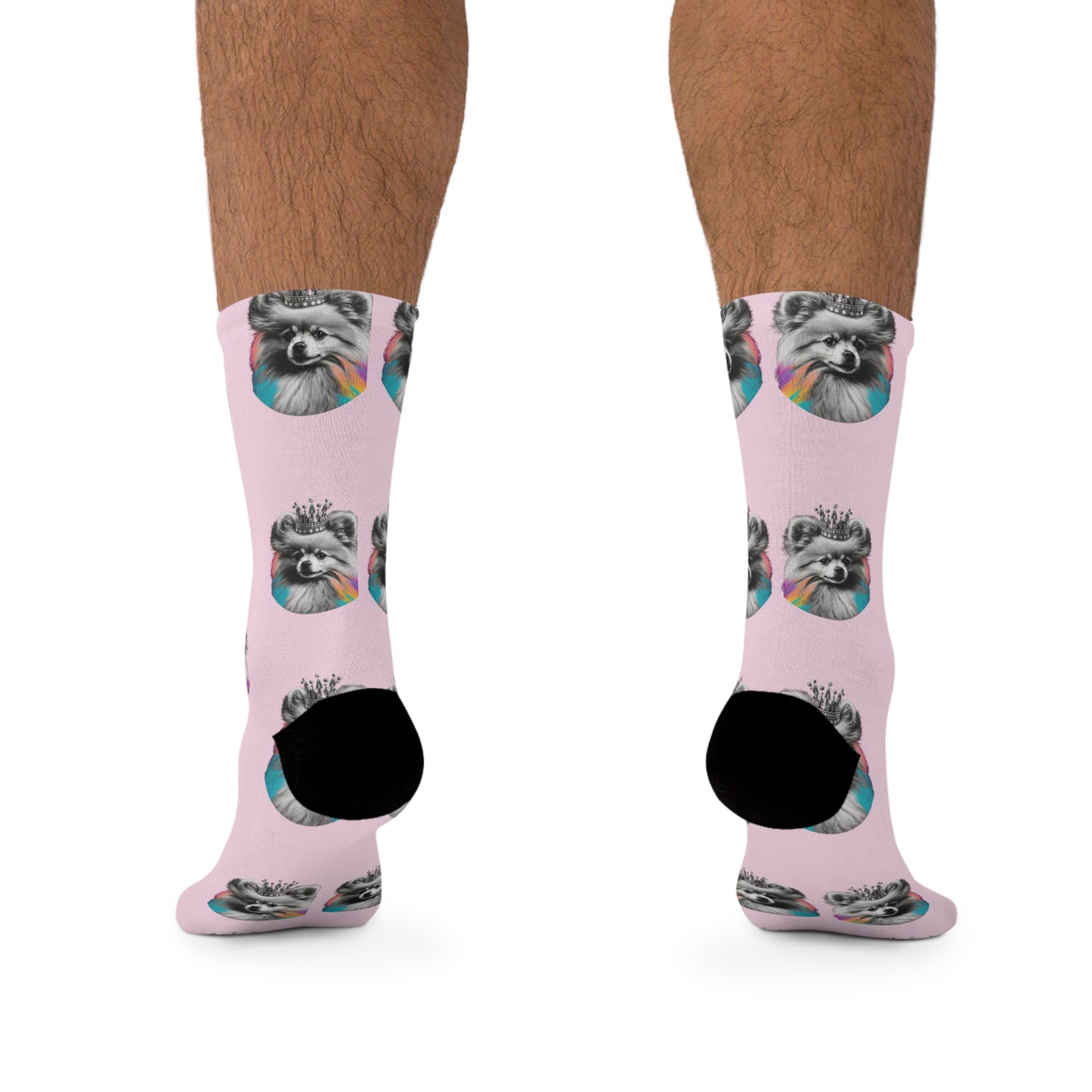 Black and White Pomeranian with Colours on pink Novelty Socks