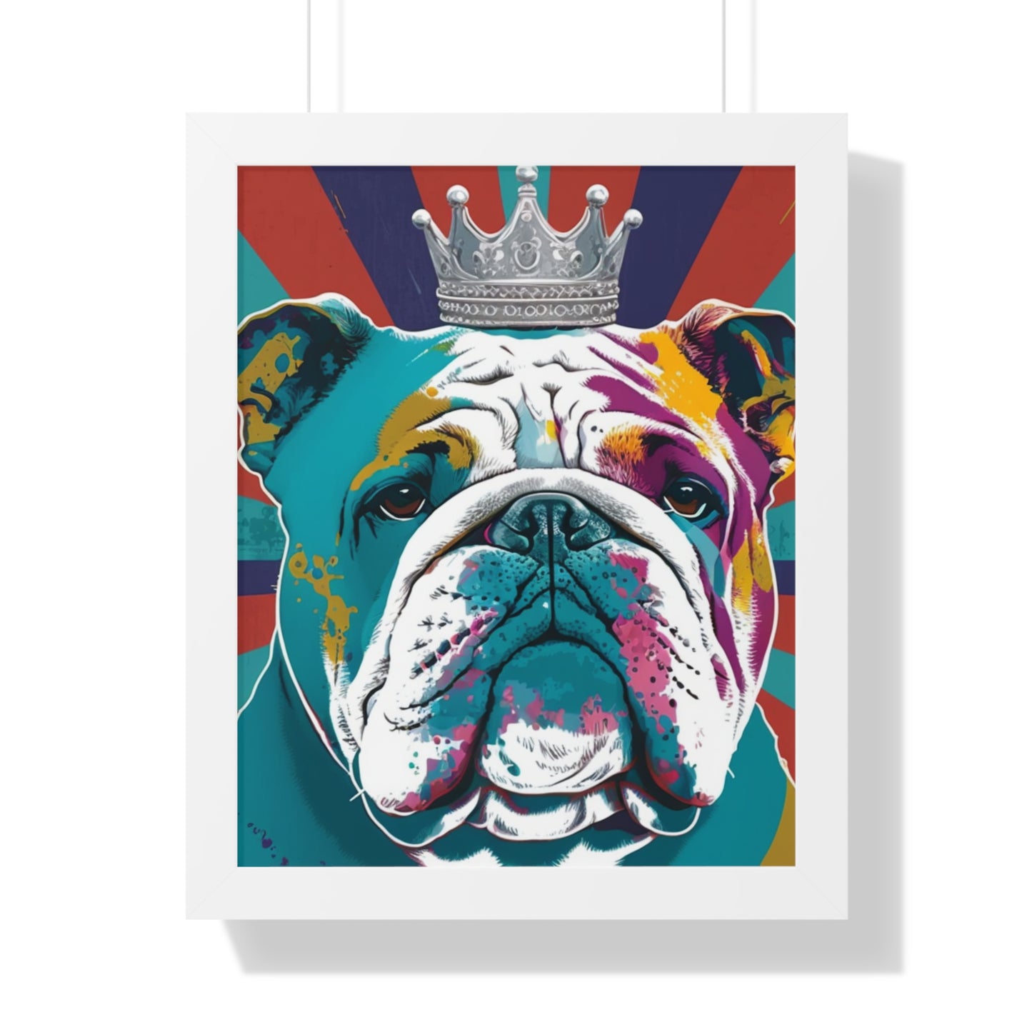 A vibrant framed canvas print featuring a PopArt British Bulldog, perfect for adding a bold and artistic touch to any interior space.