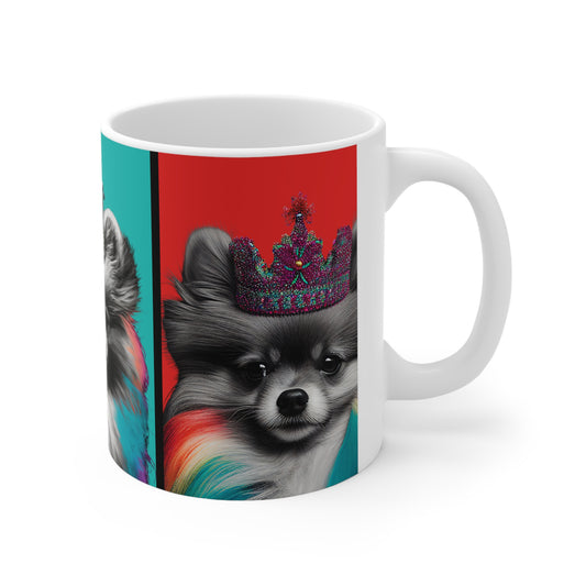 A vibrant and colorful Pomeranian pop-art mug, featuring a whimsical depiction of a Pomeranian dog in a playful and artistic style.