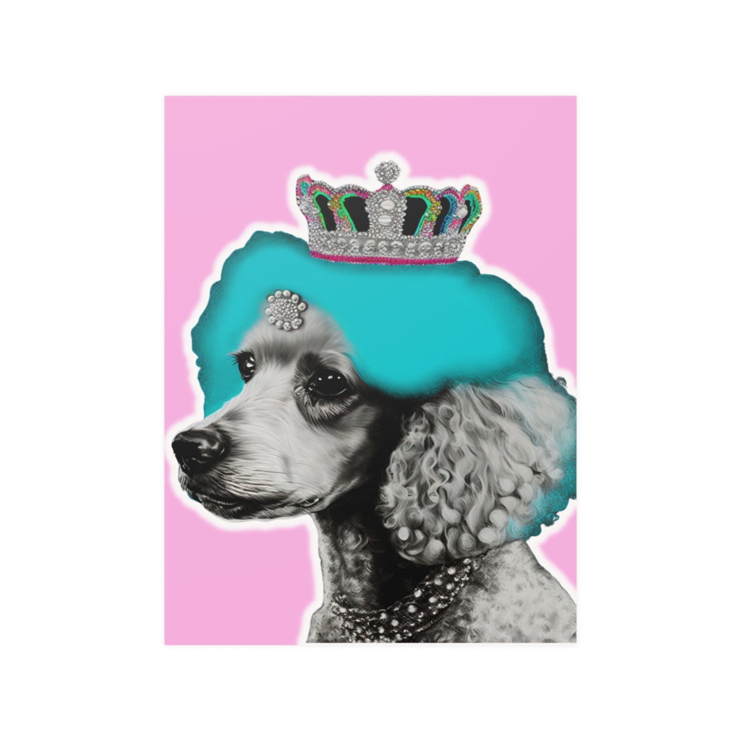 The 'Crowned Poodle on Pink Poster' features an elegant and whimsical illustration of a poodle with a crown, set against a soft pink background. This chic and stylish wall art adds sophistication and a playful touch to any room decor