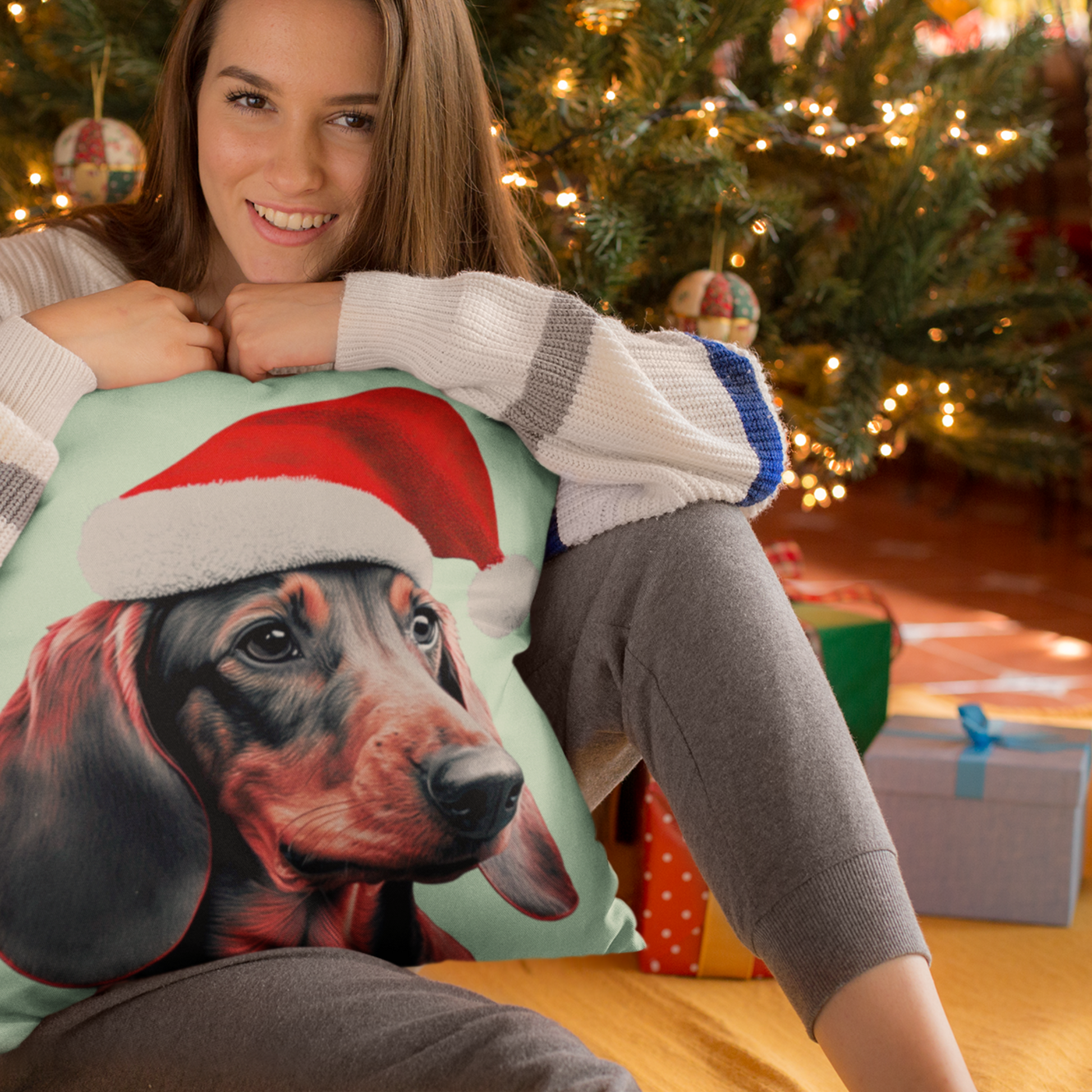 A cushion cover depicting a cute Dachshund wearing a Christmas hat, set against a calming mint green pastel background for a festive and adorable look.