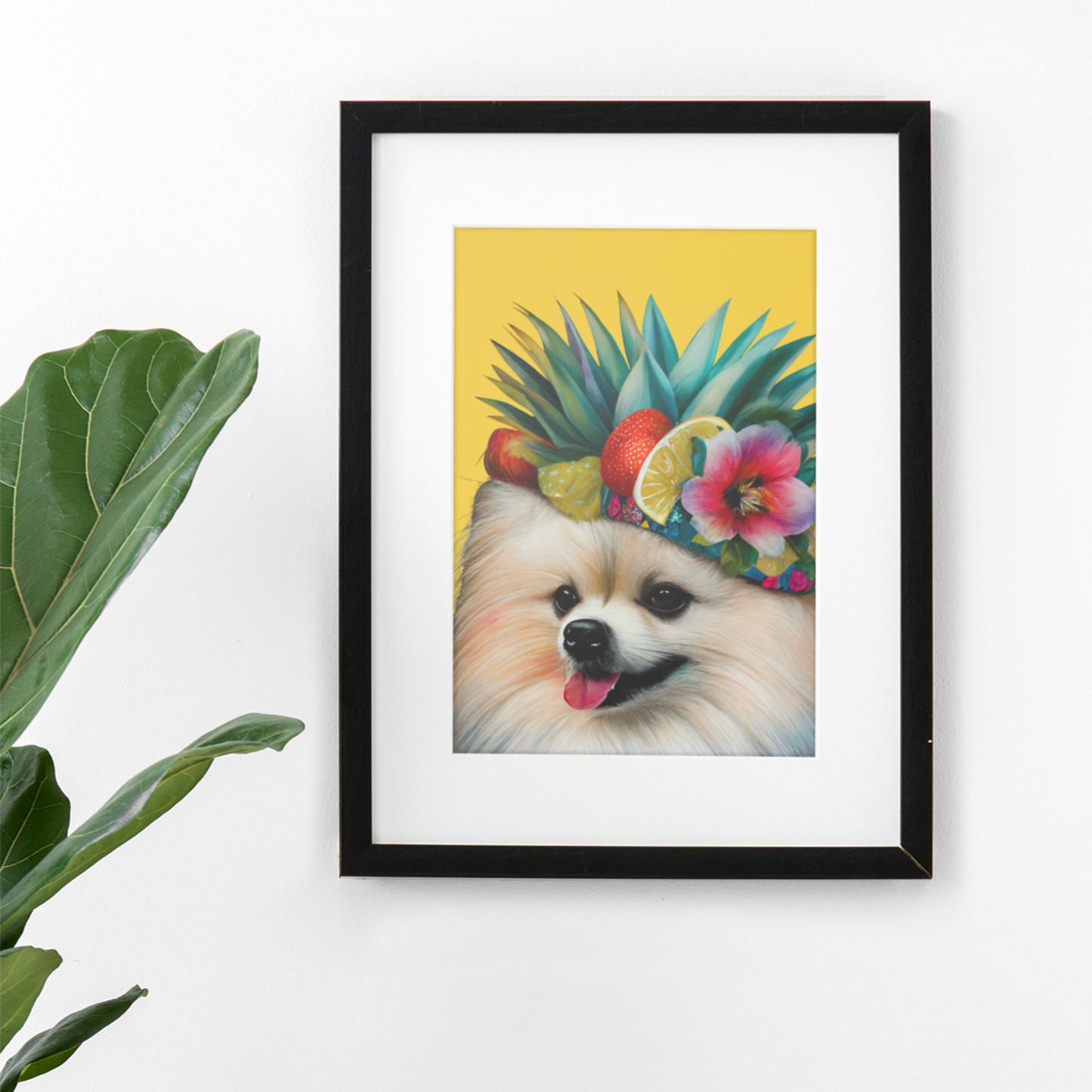 A brightly colored Pomeranian dog illustrated with a kaleidoscope of vibrant hues, set against a vivid yellow background on a high-quality poster print.