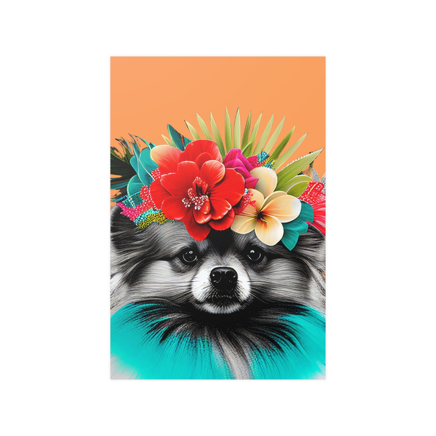 Poster of a fluffy Pomeranian dog surrounded by tropical foliage and flowers, set against a bright orange background that evokes a sunny, island atmosphere.