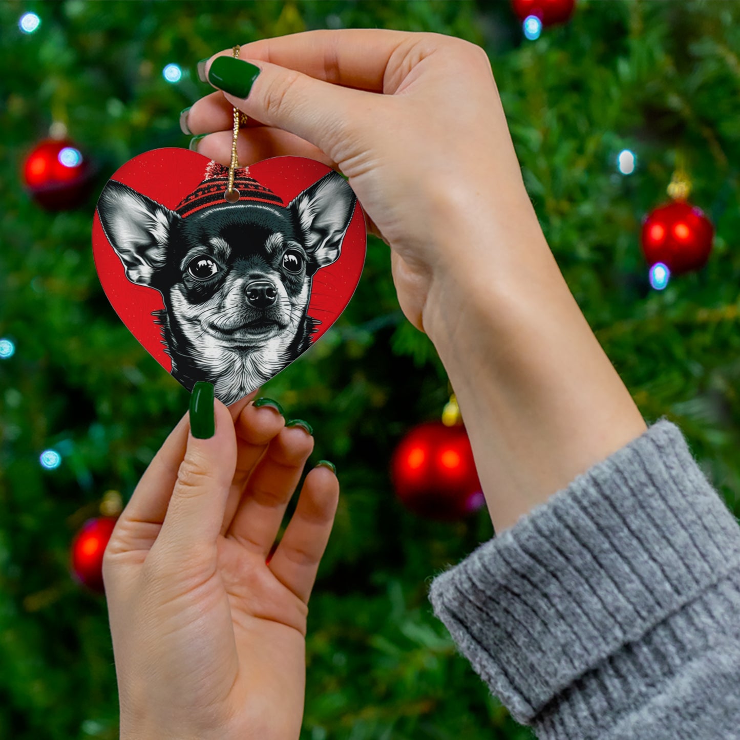 Festive Chihuahua Xmas Tree Ornament - Heart or Circle