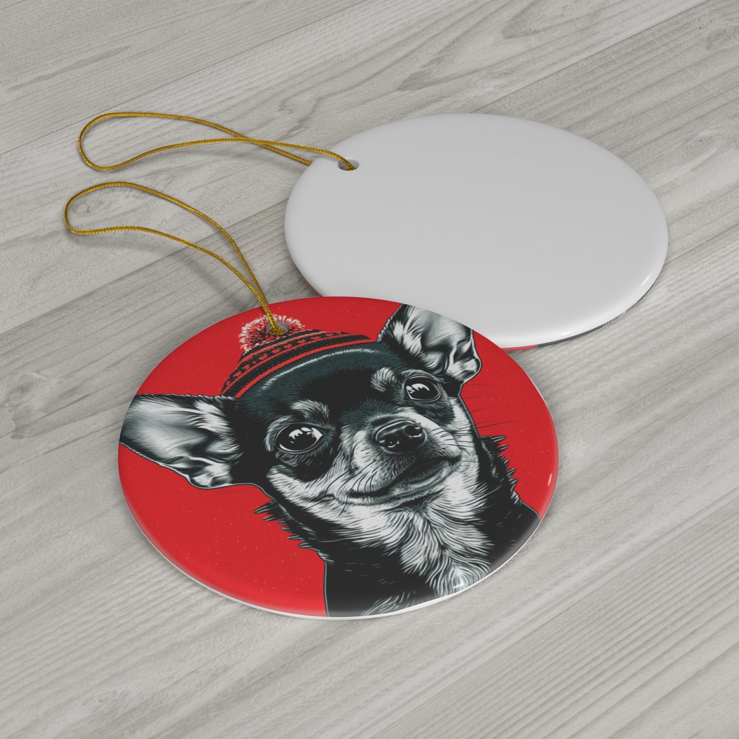 Festive Chihuahua Xmas Tree Ornament - Heart or Circle