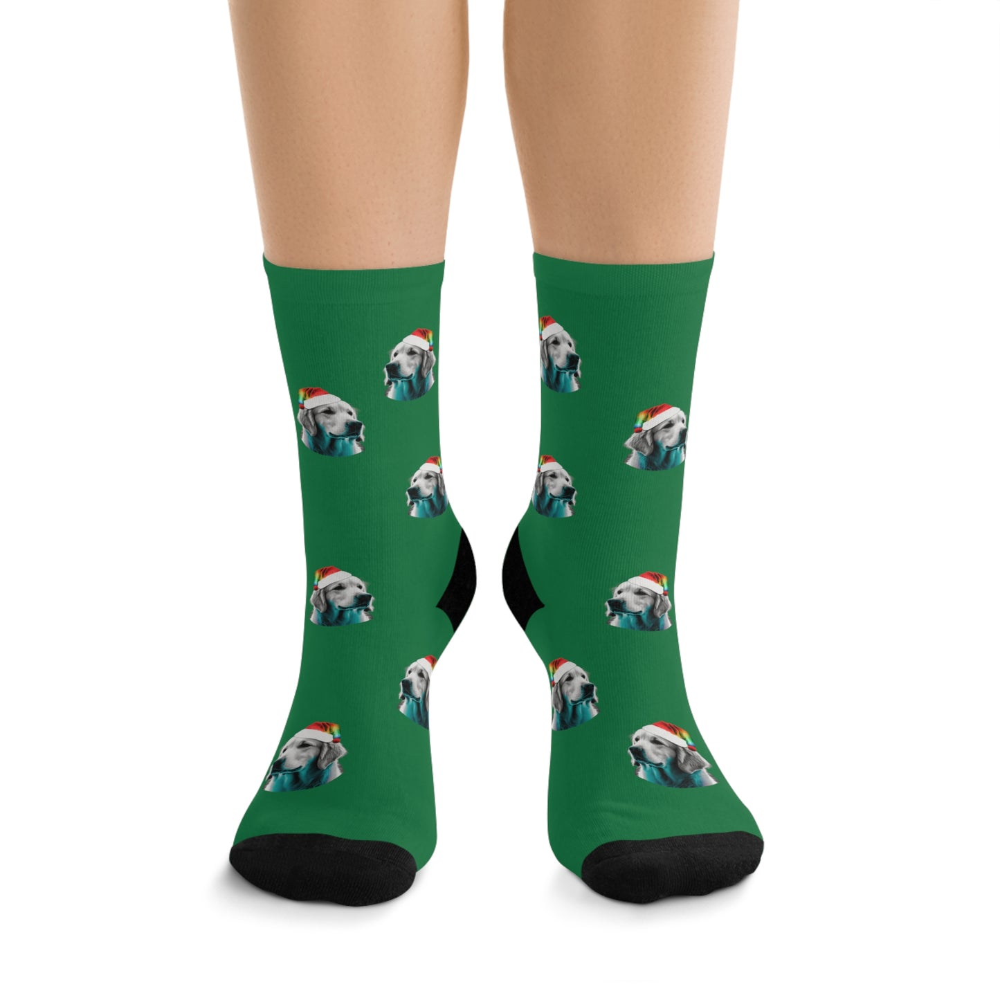 A festive pair of dark green socks featuring a cute retriever dog dressed as Santa Claus.