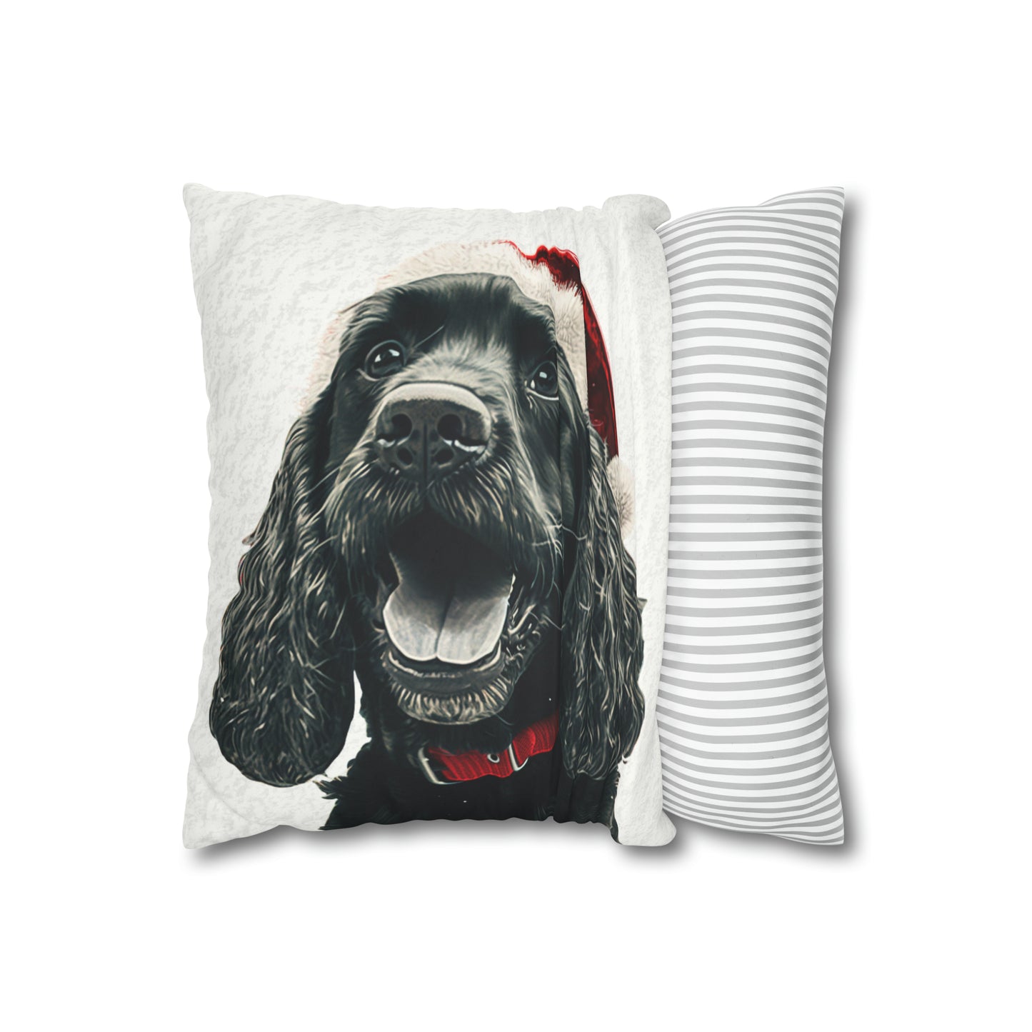 A luxurious faux suede Christmas cushion cover featuring a charming illustration of a cocker spaniel in festive holiday attire, set against a background of classic Christmas motifs like snowflakes and presents. The cushion cover displays vibrant colors, mainly red, green, and white, symbolizing traditional Christmas cheer