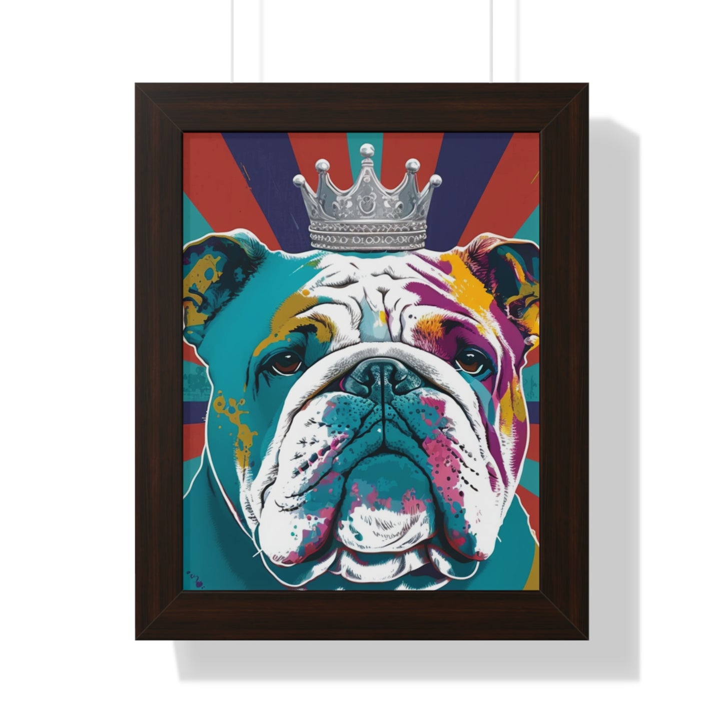 A vibrant framed canvas print featuring a PopArt British Bulldog, perfect for adding a bold and artistic touch to any interior space.