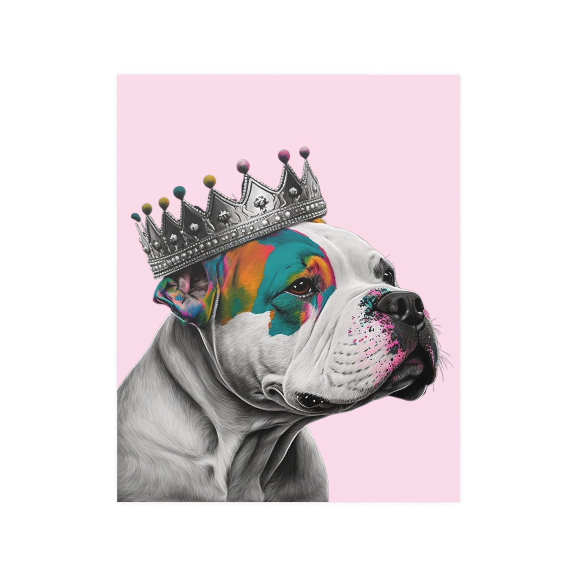 A regal XL Bully dog wearing a crown in vibrant pop art style on a pink poste