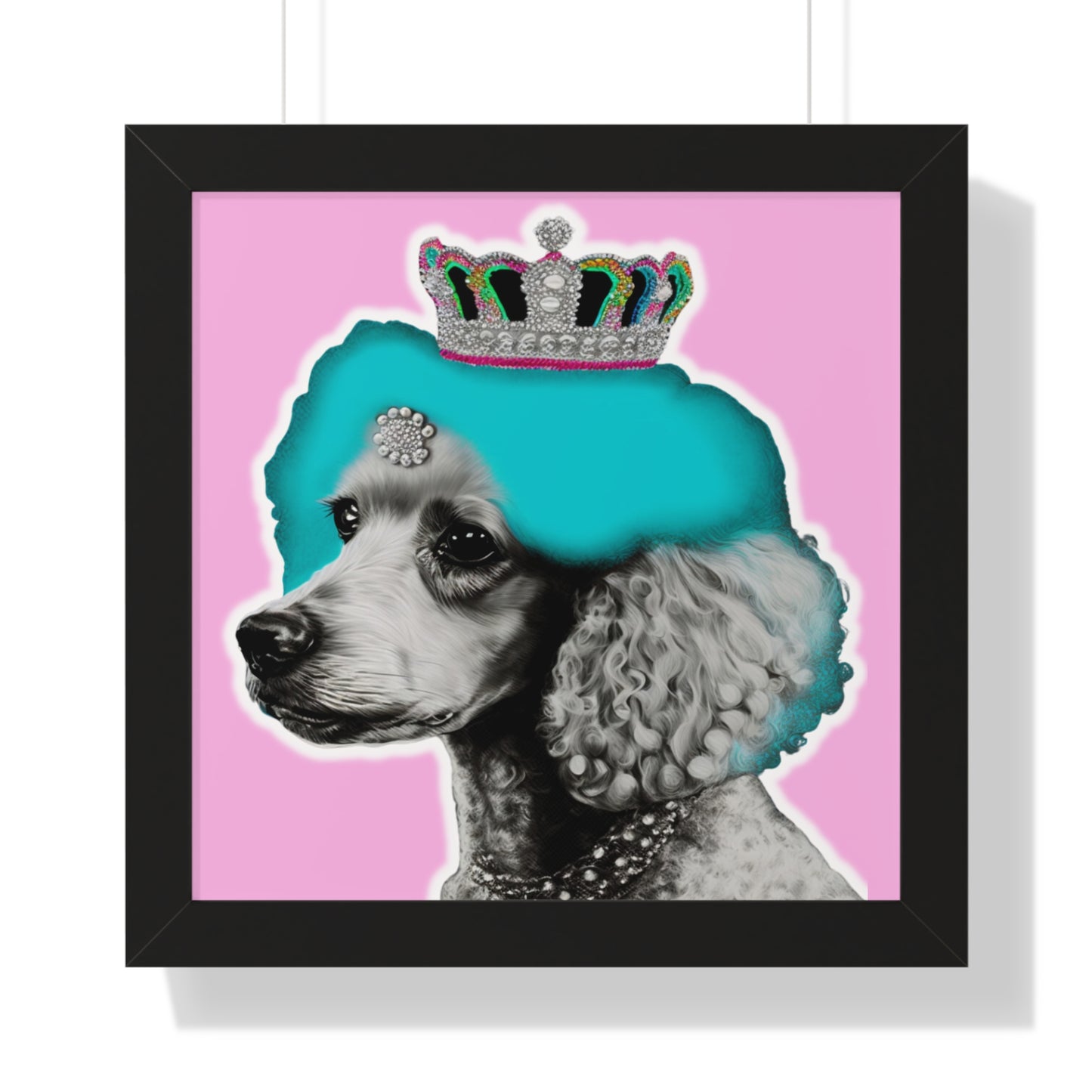 Framed Crowned Pop Art Poodle Print on Pink - Choose Walnut, White, or Black Frame