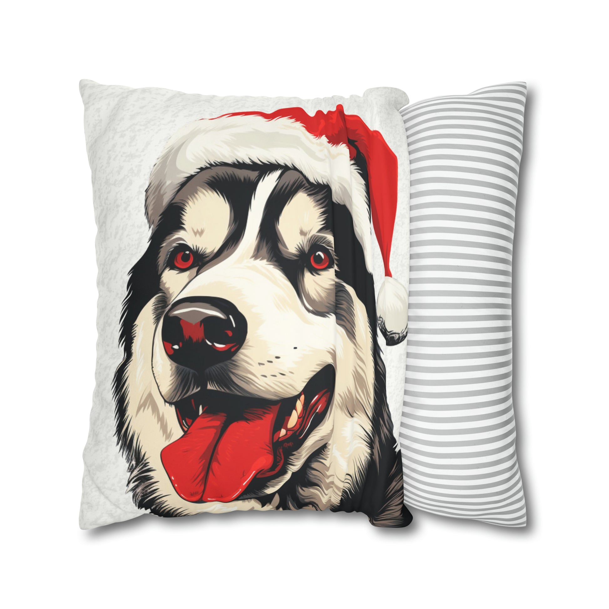 A luxurious white faux suede Christmas cushion cover, featuring a beautifully detailed illustration of a majestic husky in a winter wonderland setting. The husky is depicted with a captivating gaze amidst a snowy landscape, with subtle festive decorations adding to the holiday charm. The cover exudes elegance and is perfect for enhancing holiday home decor.