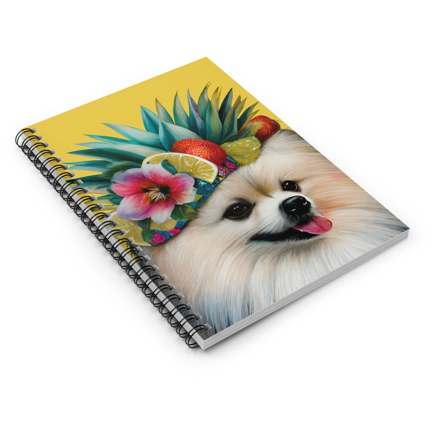 A bright and lively notebook cover featuring a Vibrant Pomeranian against a sunny yellow background, perfect for adding cheer to your note-taking.