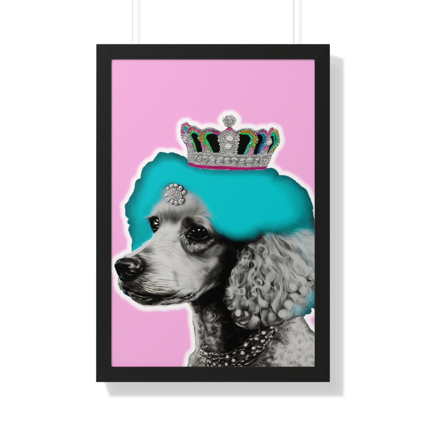 The 'Framed Crowned Pop Art Poodle Print on Pink' features a vibrant and colorful depiction of a poodle with a crown in pop art style, set within a choice of walnut, white, or black frames, adding an elegant and modern touch to home decor.