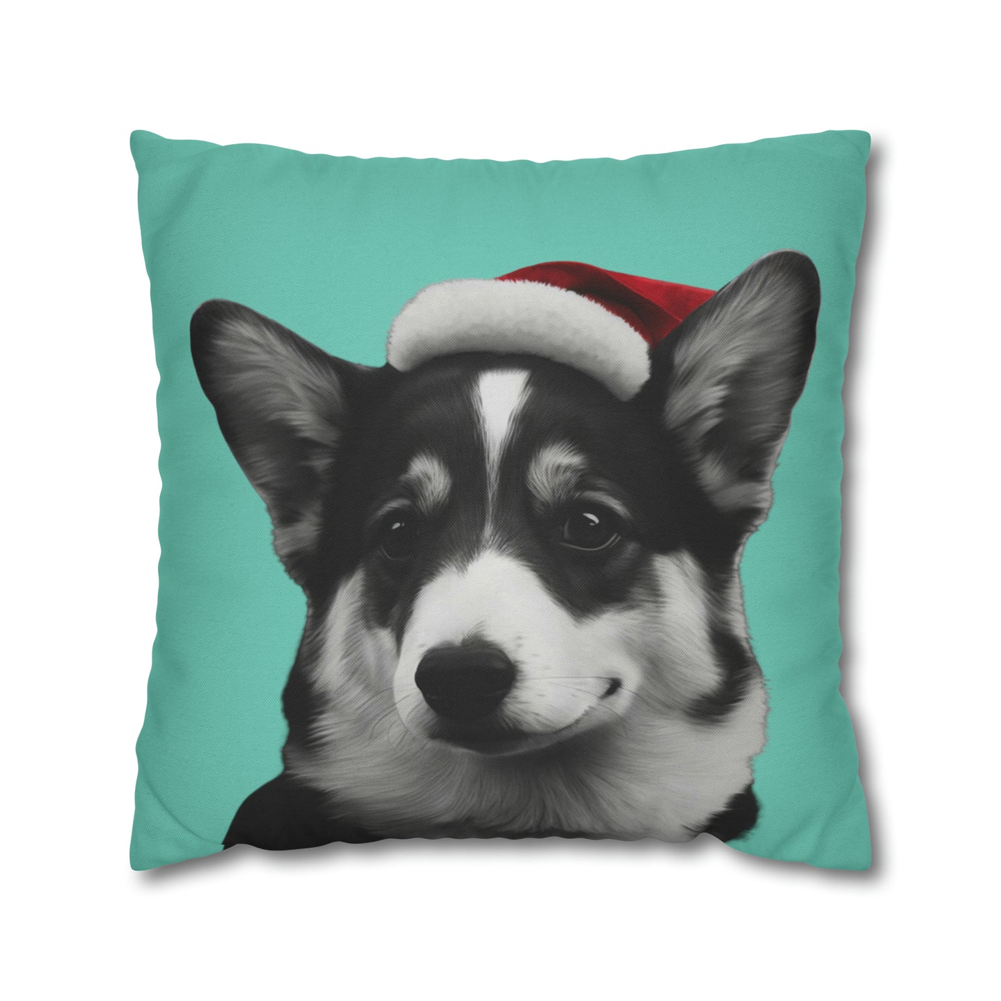 Black and White Corgi with Santa Hat on Green Cushion Cover