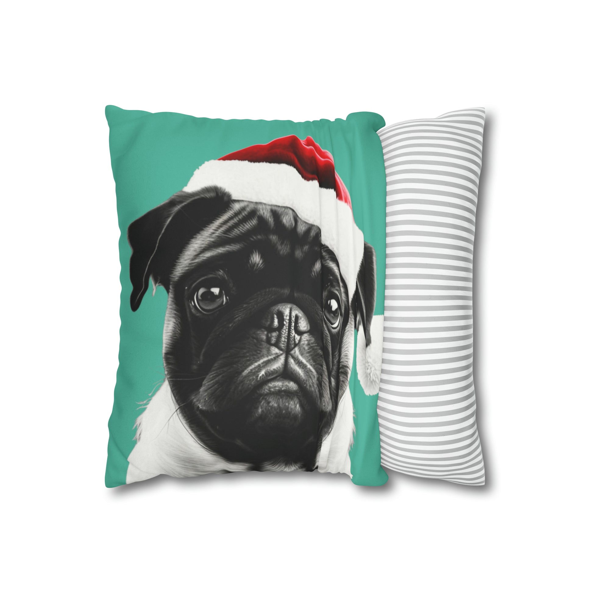 Adorable Pug Christmas Cushion Cover in Soft Faux Suede, featuring a festive pug design on a luxurious cushion, perfect for holiday decor.