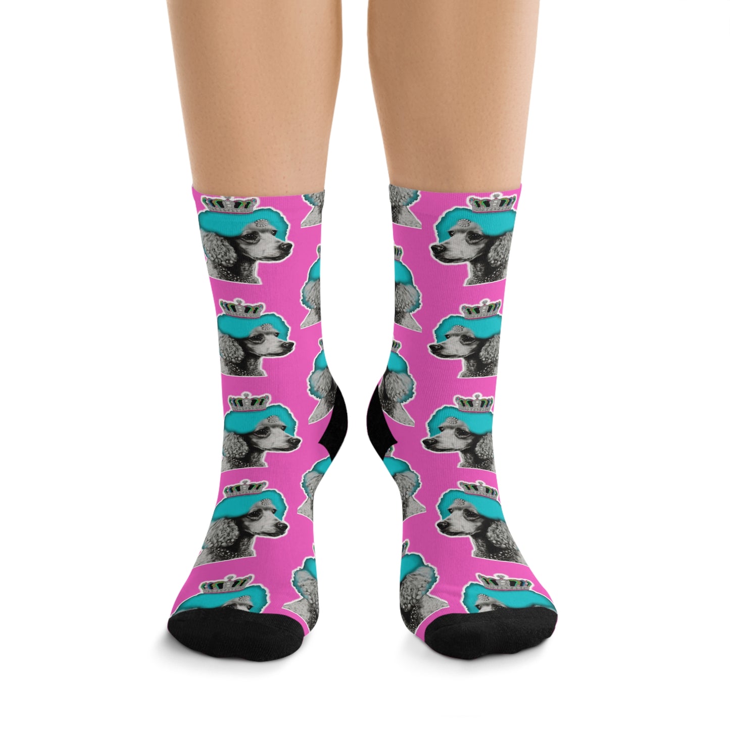 The 'Poodle Pop Art Socks on Pink - Stylish Canine Fashion' feature a vibrant and artistic representation of a poodle in pop art style, set against a pink background, ideal for adding a playful and fashionable touch to any outfit