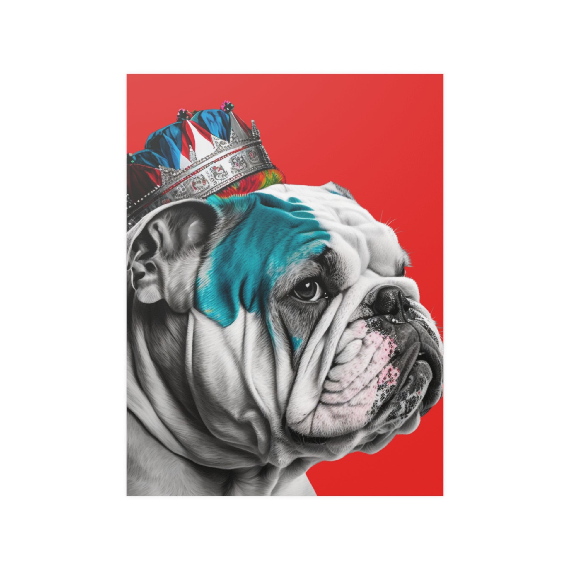 A PopArt style poster featuring a British Bulldog wearing a crown against a bold red background, creating a striking visual of regal canine charm.