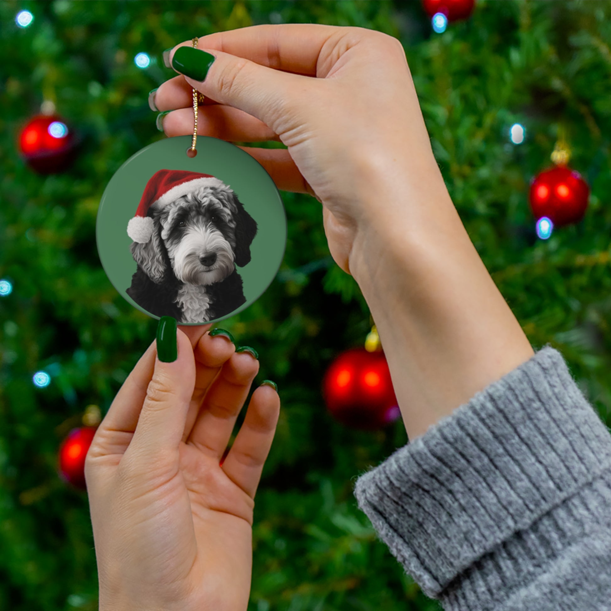 A festive Labradoodle Christmas tree ornament, beautifully crafted to bring the joyous spirit of the breed to your holiday decorations