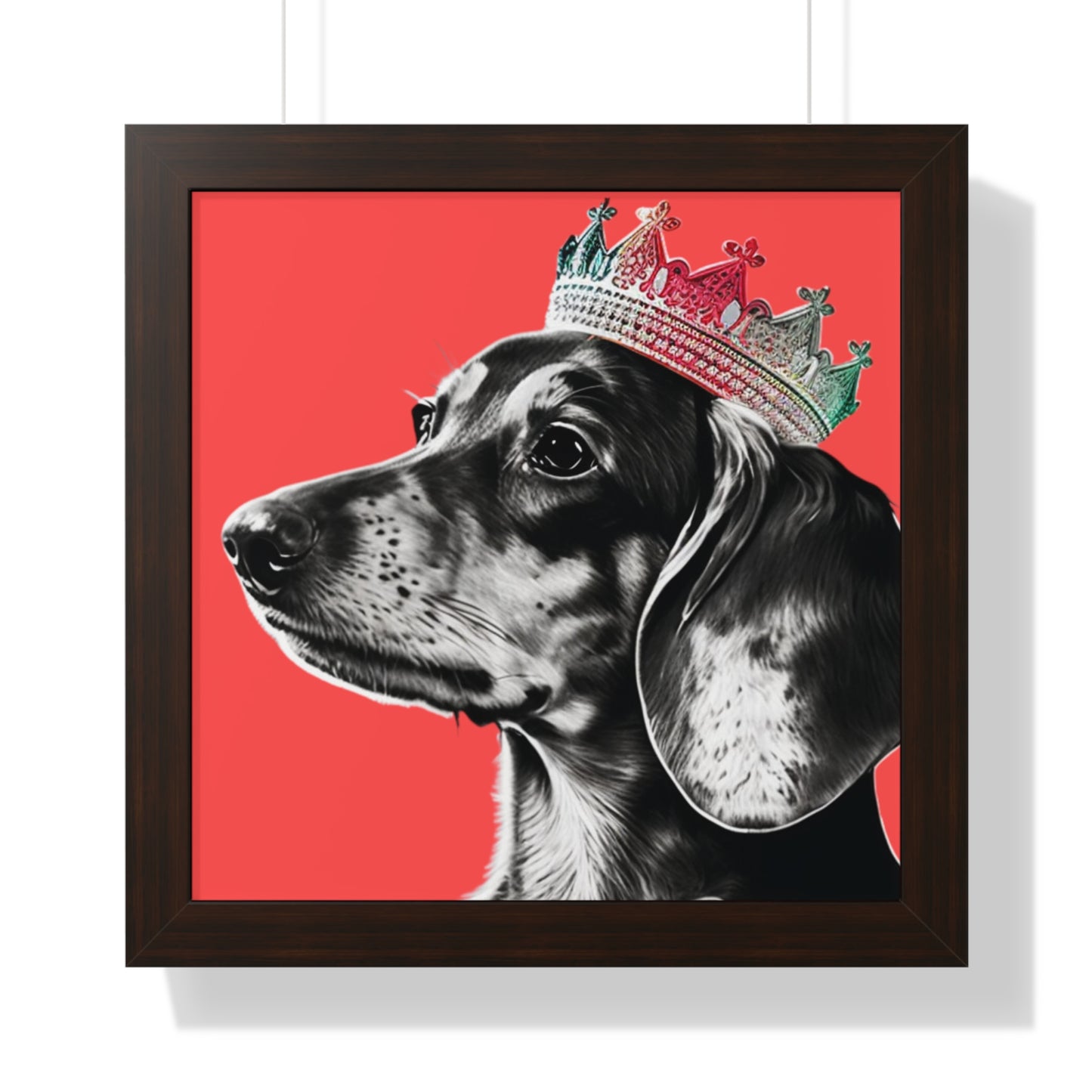 Dachshund on Coral Framed Art Print - Choice of White, Black, or Walnut Frame