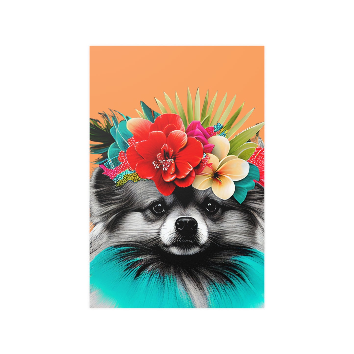 Poster of a fluffy Pomeranian dog surrounded by tropical foliage and flowers, set against a bright orange background that evokes a sunny, island atmosphere.