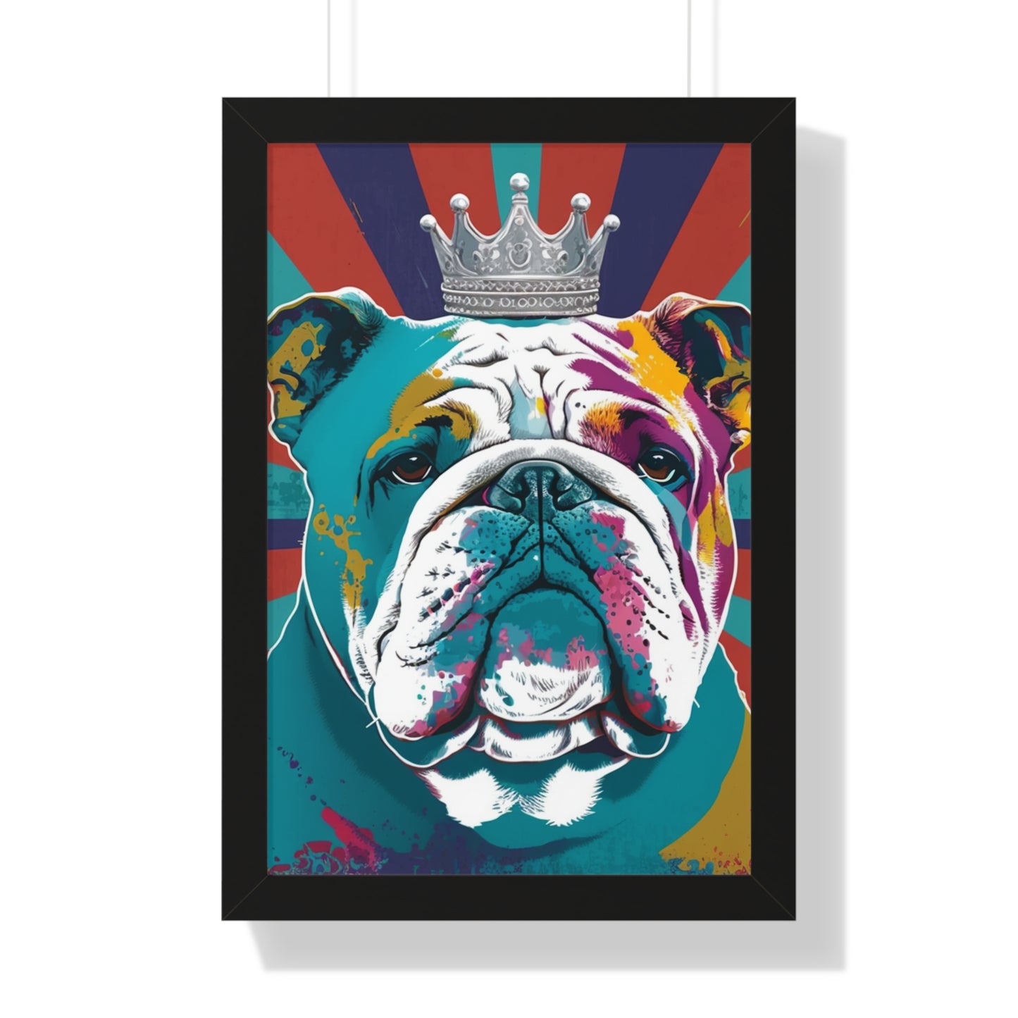 A vibrant framed canvas print featuring a PopArt British Bulldog, perfect for adding a bold and artistic touch to any interior space.