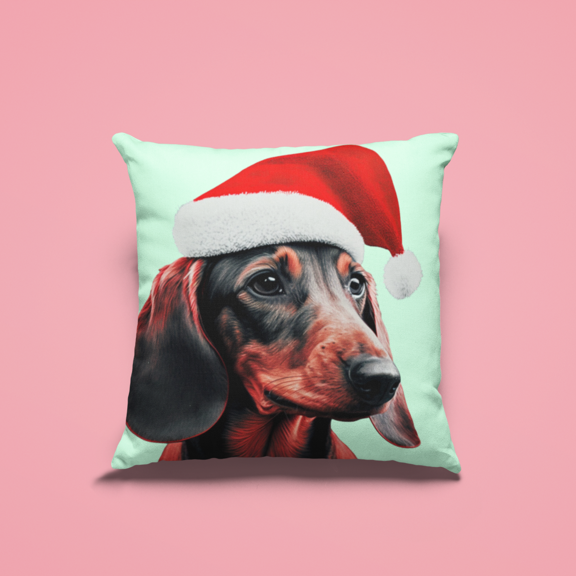 A cushion cover depicting a cute Dachshund wearing a Christmas hat, set against a calming mint green pastel background for a festive and adorable look.