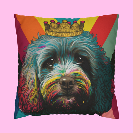 "Colourful Cockapoo PopArt Cushion Cover - A lively and artistic cushion cover featuring a Cockapoo in pop art style, adding vibrant dog-themed decor