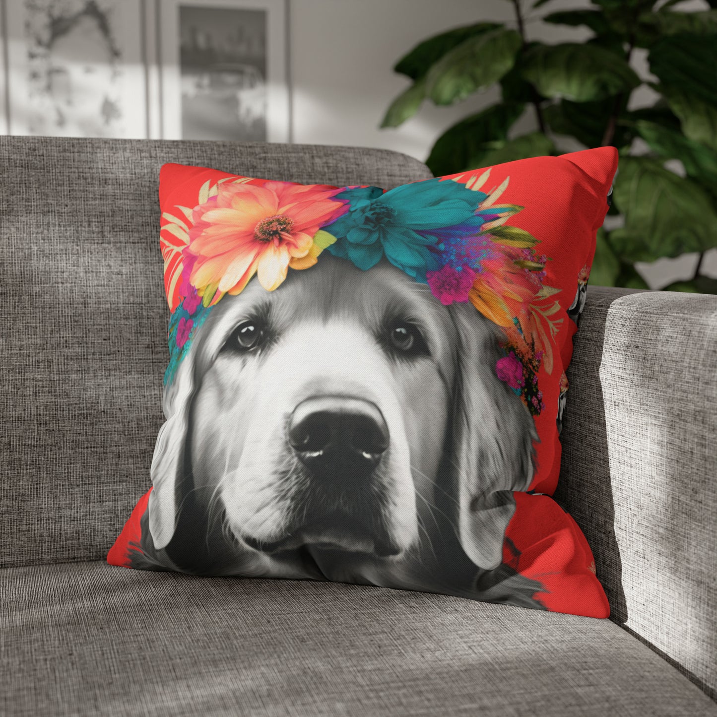 A Coral Bliss pillowcase featuring a tropical Golden Retriever design, perfect for adding a touch of paradise to your home decor.