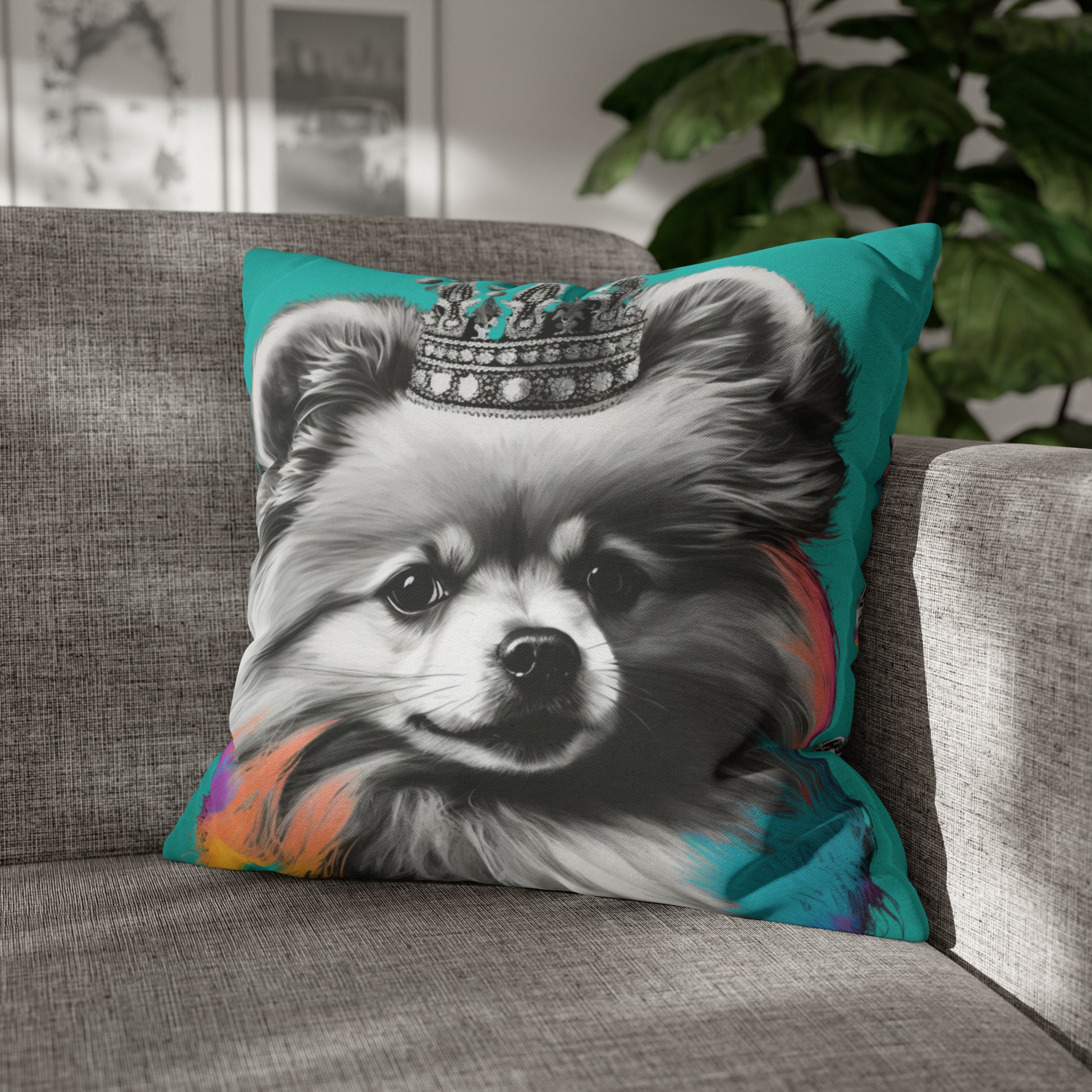 A Black and White Pomeranian with colorful accents on a blue cushion cover, adding a playful touch to your home decor.