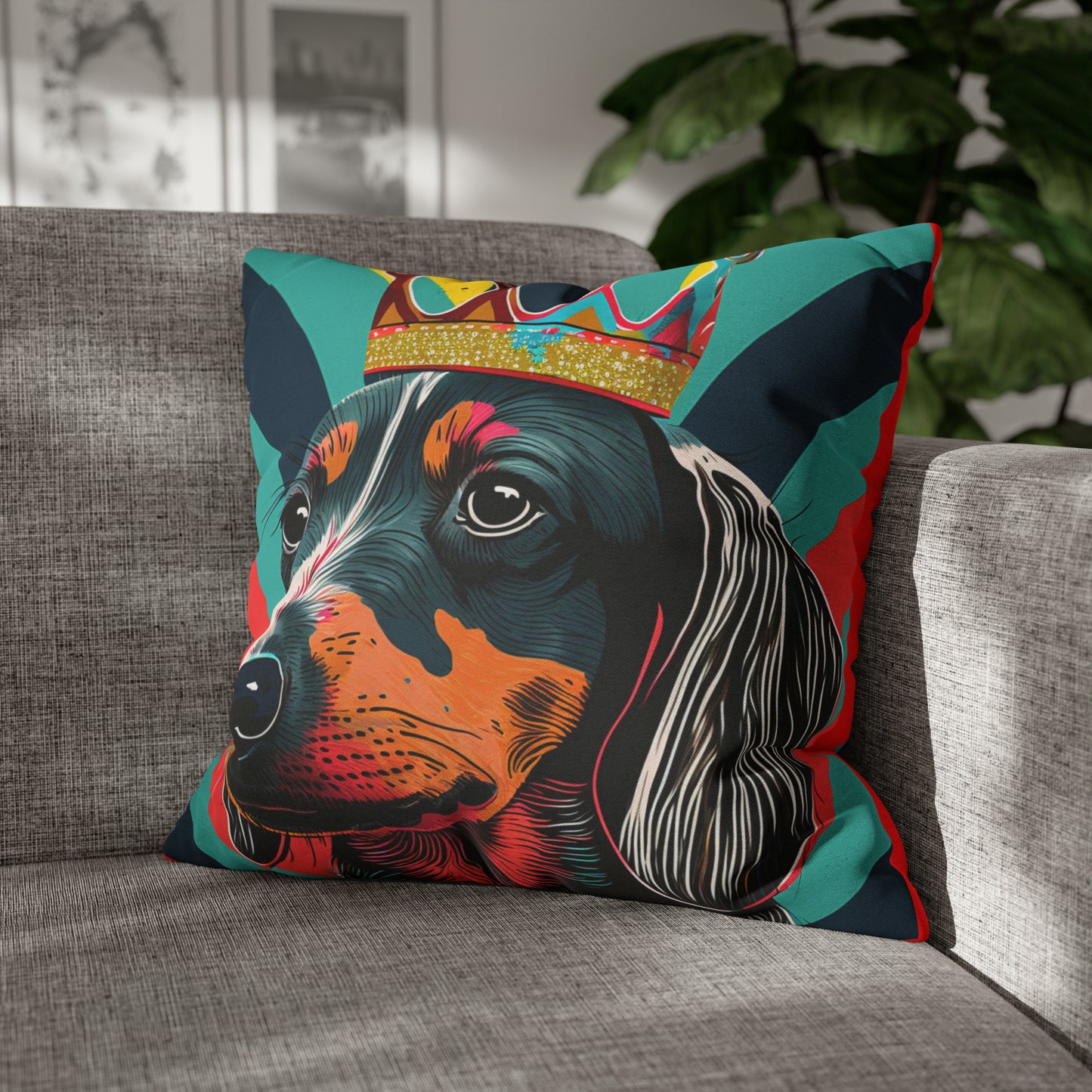 Pop Art Crowned Dachshund on Stripes cushion cover - A vibrant and artistic home decor accent featuring a colorful dachshund wearing a crown against a detailed striped background.