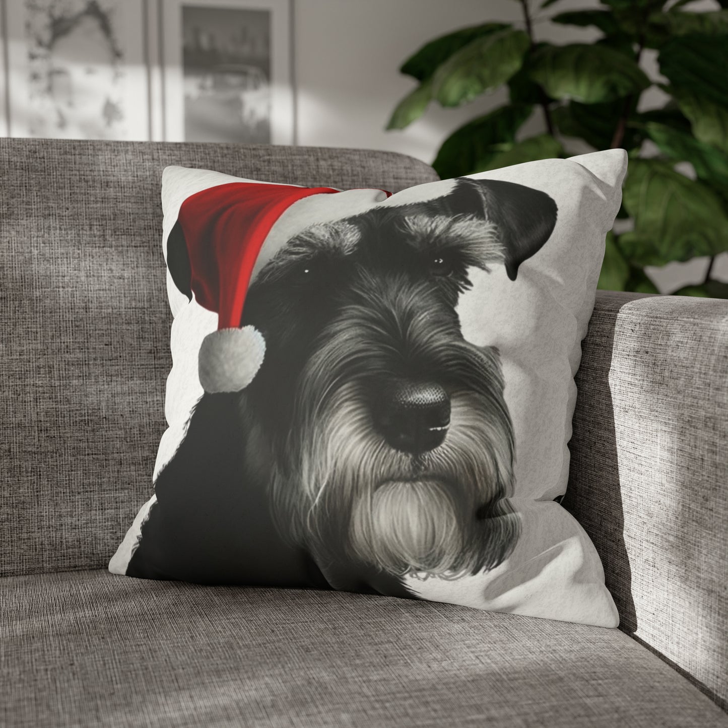 Schnauzer Christmas Cushion Cover in White - Festive Holiday Home Decor