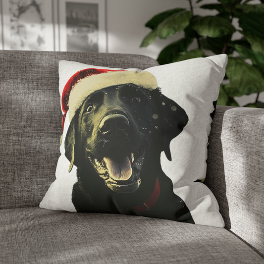 Happy Black Lab Christmas Cushion Cover in White - Festive Holiday Home Decor