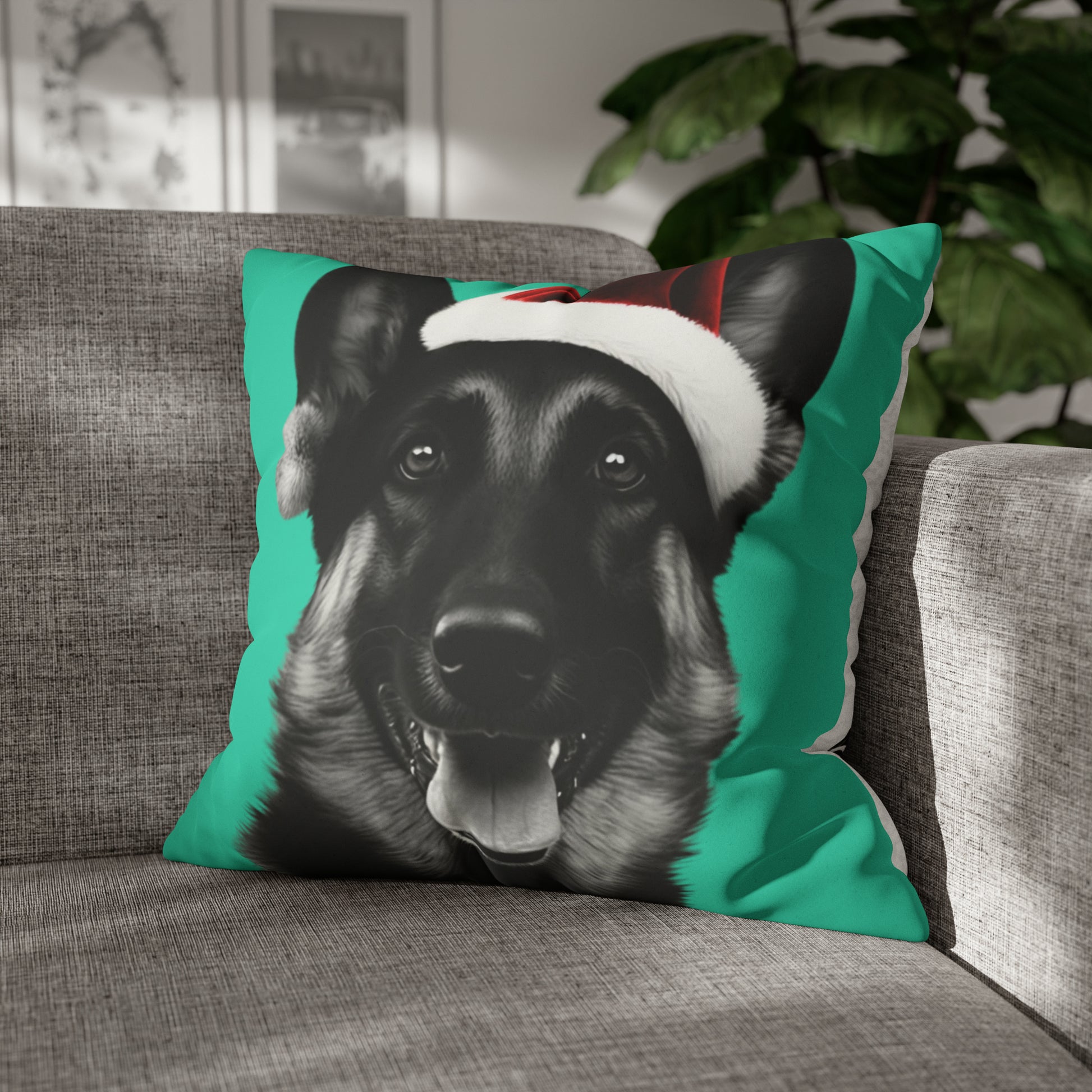 German Shepherd Green Christmas Cushion Cover - Festive holiday decor for a joyful home at LuxeParadise Prints