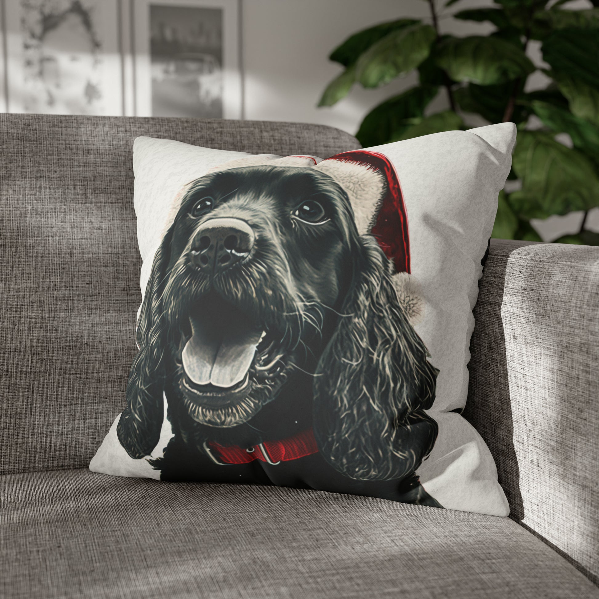 A luxurious faux suede Christmas cushion cover featuring a charming illustration of a cocker spaniel in festive holiday attire, set against a background of classic Christmas motifs like snowflakes and presents. The cushion cover displays vibrant colors, mainly red, green, and white, symbolizing traditional Christmas cheer