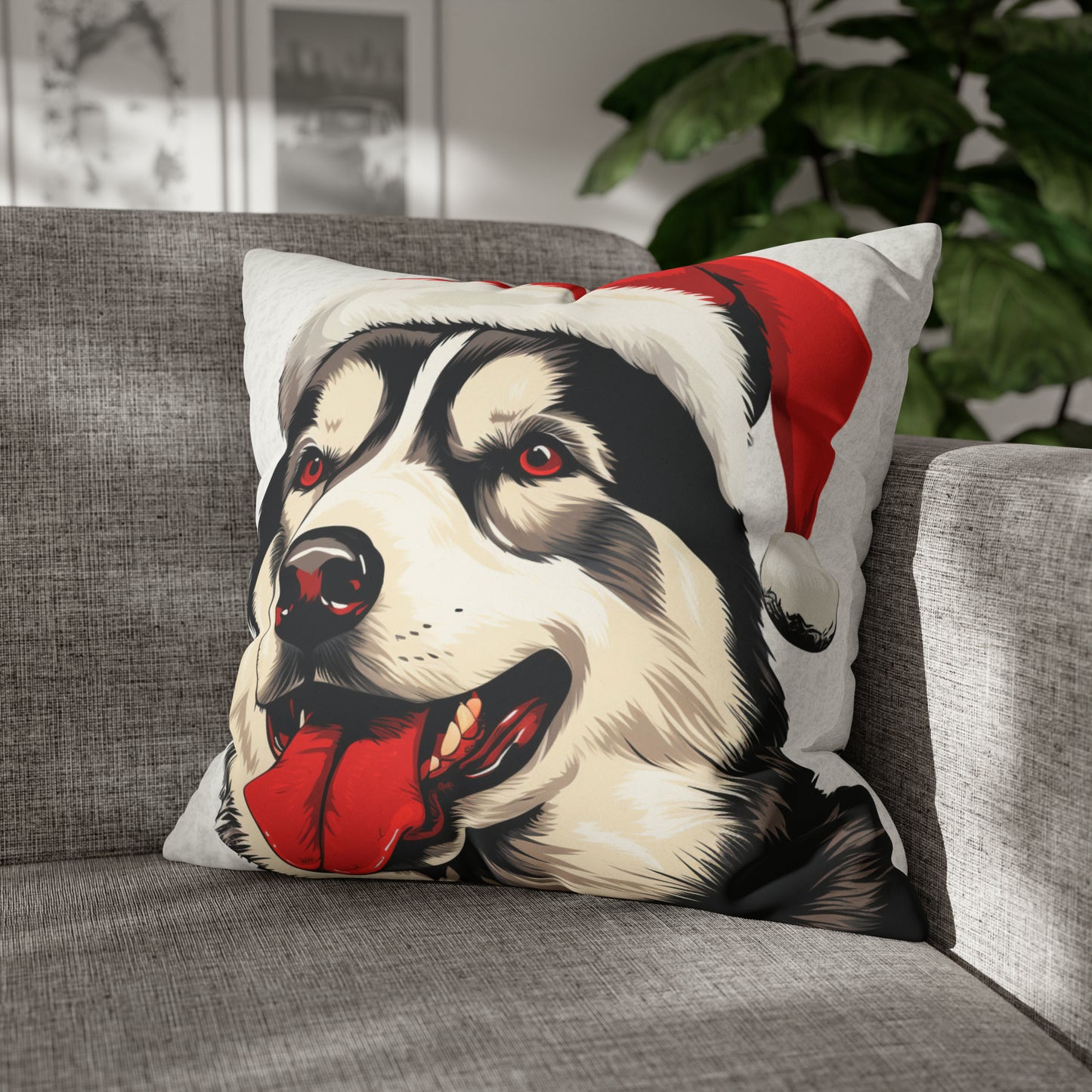 A luxurious white faux suede Christmas cushion cover, featuring a beautifully detailed illustration of a majestic husky in a winter wonderland setting. The husky is depicted with a captivating gaze amidst a snowy landscape, with subtle festive decorations adding to the holiday charm. The cover exudes elegance and is perfect for enhancing holiday home decor.