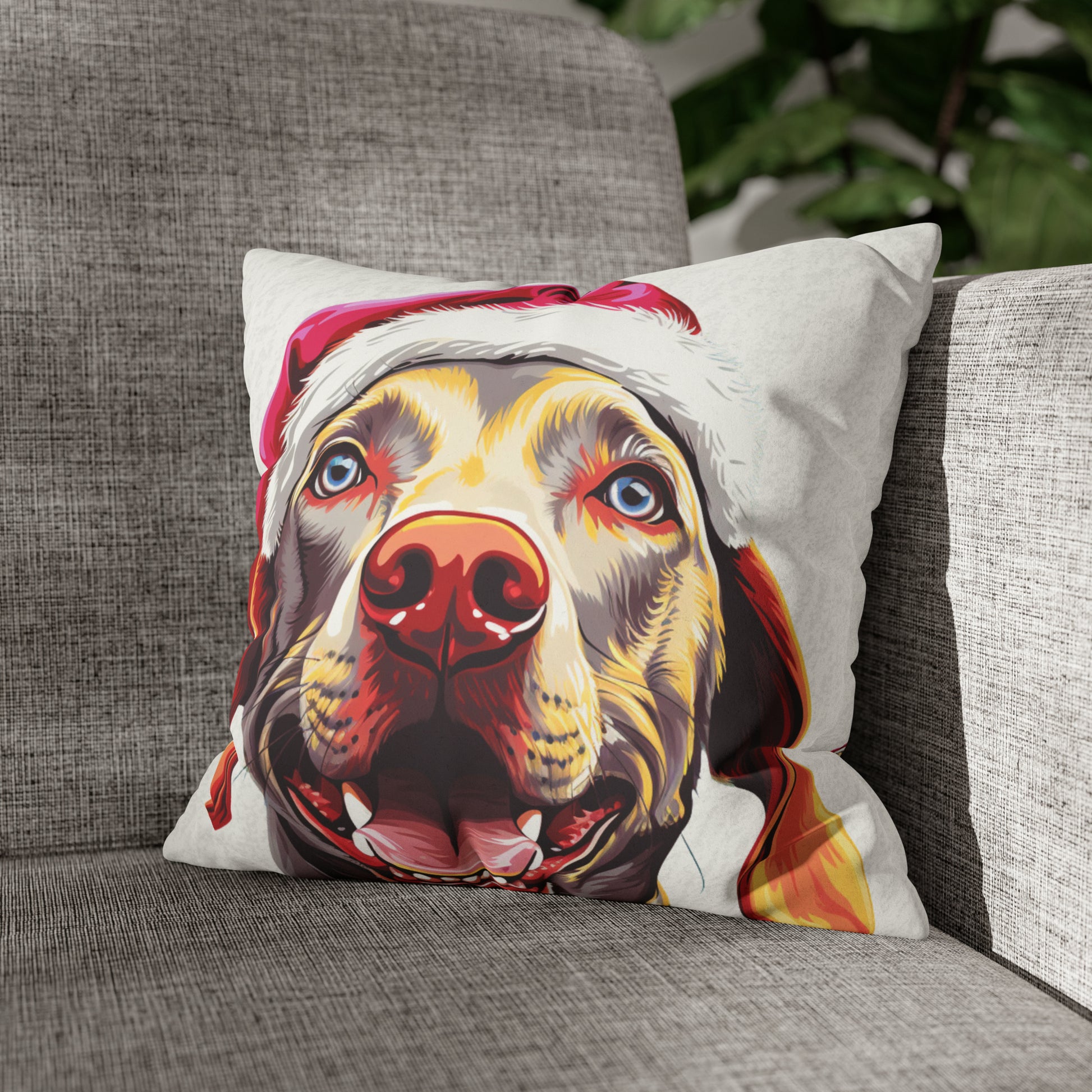 A sophisticated white cushion cover featuring a detailed illustration of a graceful Weimaraner set in a picturesque winter wonderland scene. The cover, designed for the festive season, elegantly blends the dog's silhouette with a backdrop of snowy landscapes and subtle Christmas motifs, creating a serene and stylish holiday decor piece.