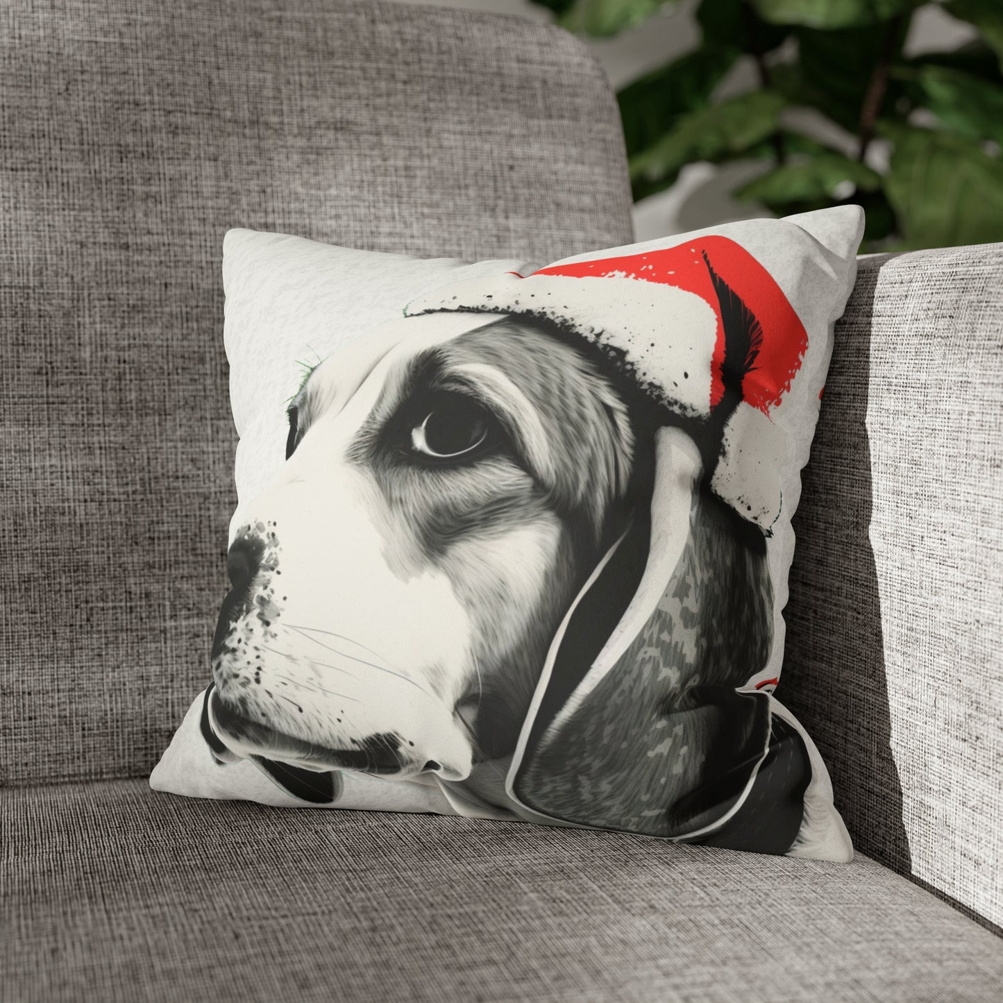 A cozy and festive white faux suede cushion cover featuring a charming Beagle in a Christmas setting. The cover is adorned with a joyful Beagle illustration surrounded by holiday motifs, capturing the essence of Christmas spirit and the playful nature of the beloved dog breed