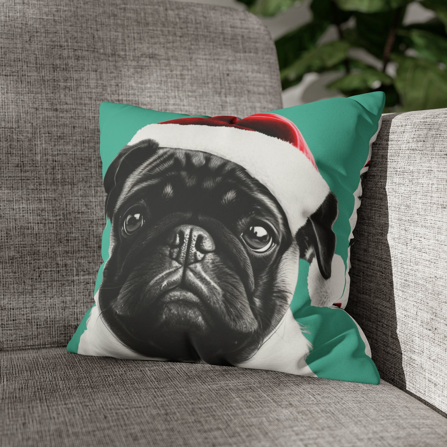 Adorable Pug Christmas Cushion Cover in Soft Faux Suede, featuring a festive pug design on a luxurious cushion, perfect for holiday decor.