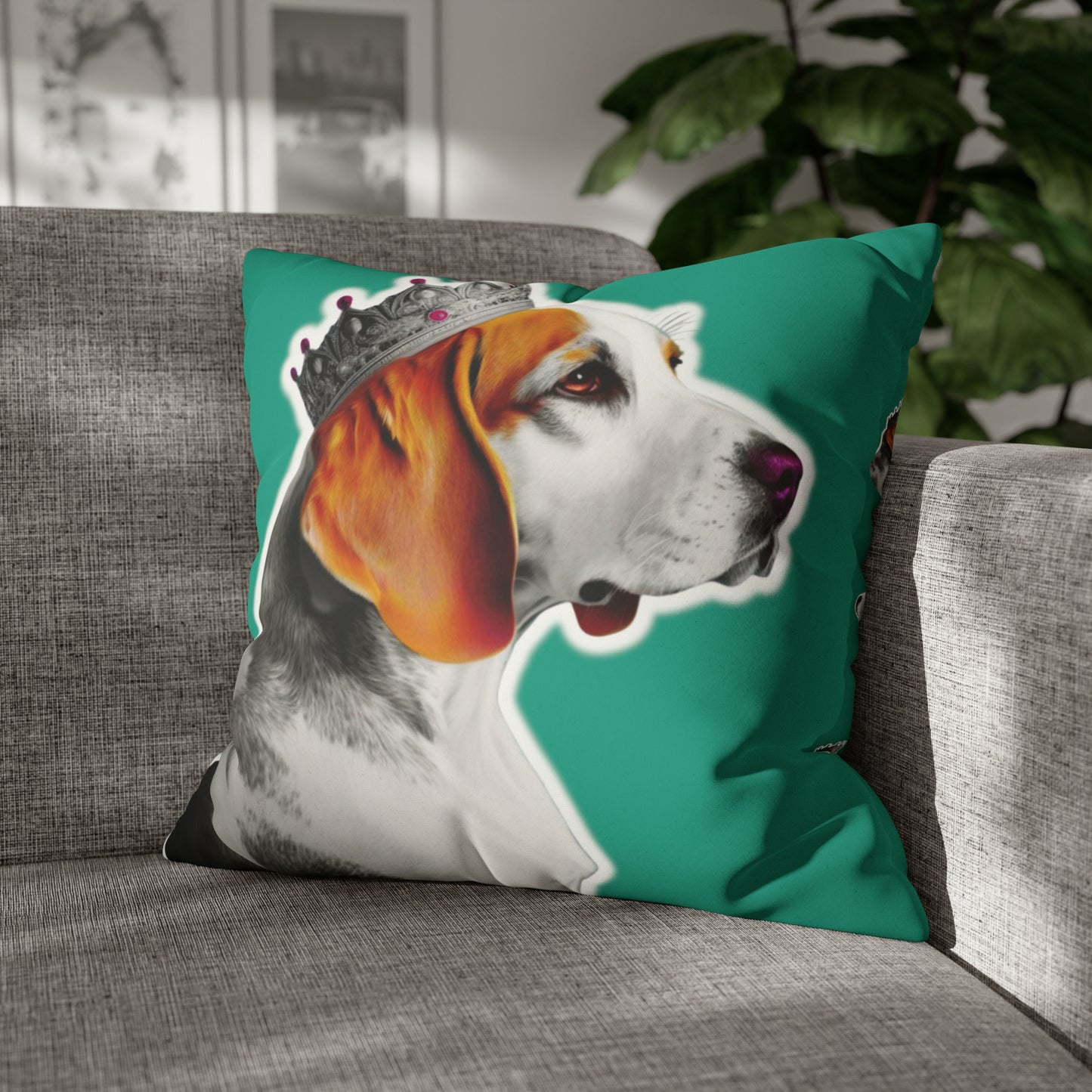 The 'Beagle Pop Art Cushion Cover on Faux Fur Suede' displays a vibrant and playful pop art depiction of a Beagle, set against the luxurious texture of faux fur suede, perfect for adding a stylish and cozy canine touch to any home decor