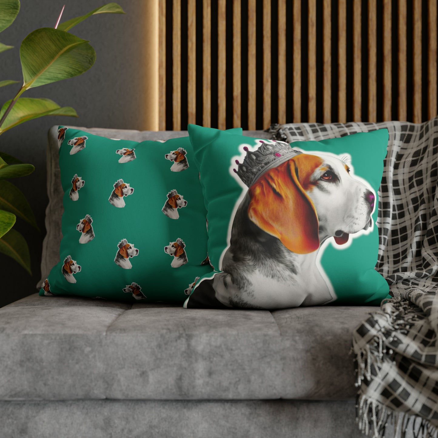 The 'Beagle Pop Art Cushion Cover on Faux Fur Suede' displays a vibrant and playful pop art depiction of a Beagle, set against the luxurious texture of faux fur suede, perfect for adding a stylish and cozy canine touch to any home decor